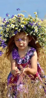 Girl with floral wreath in wheat field, vibrant and scenic.