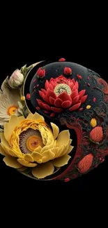 Yin yang floral design wallpaper with vibrant colors on black background.