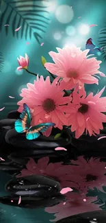 Pink flowers and butterflies on teal background with stones.