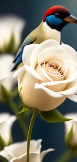 A colorful bird perched on a vibrant white rose with a soft background.