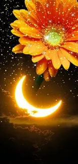 Orange flower with crescent moon glow against night sky.