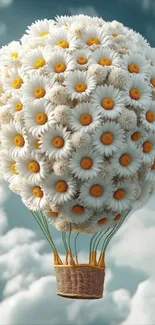 Whimsical balloon made of flowers floating in a cloudy sky.