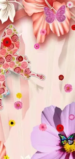 Pink background with butterflies and flowers, creating a charming aesthetic.