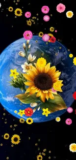 Earth and vibrant flowers mobile wallpaper in cosmic theme.