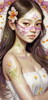 A woman with floral painted face, surrounded by vibrant flowers.