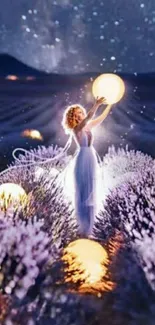 A woman in a lavender field with glowing orbs under a starry night sky.