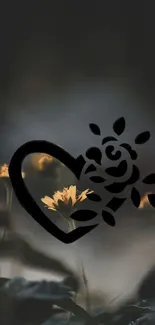 Heart and flower silhouette on a dark floral background wallpaper.