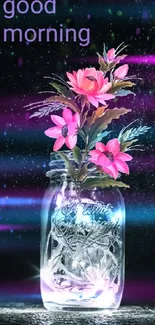 Pink flowers in a lit jar with 'good morning' text against a night sky.