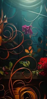 Elegant floral art wallpaper with vibrant flowers and swirling patterns.