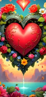 Heart surrounded by vibrant flowers with a scenic backdrop.