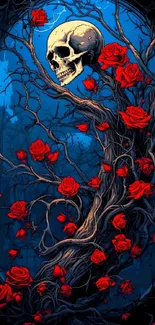 Skull entwined with red roses on blue background.