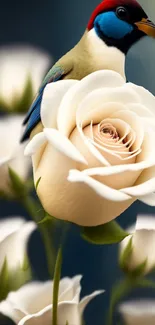 Colorful bird perched on a white rose blossom.