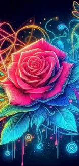 Vibrant neon rose with colorful design on dark background.