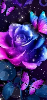 Purple rose with butterflies on dark background wallpaper.