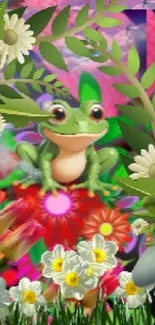 Vibrant digital art of a frog with colorful flowers and leaves.