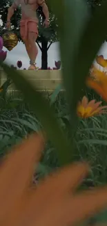 Vibrant garden scene with orange flowers and lush greenery.