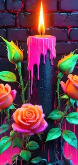 Vibrant candle with neon roses and colorful wax drips on brick wall background.