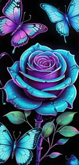 Vibrant blue rose and butterflies art design with neon hues.