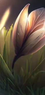 Delicate flower with sunlight and green grass on mobile wallpaper.