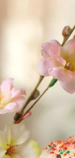 Delicate pink spring flowers in soft focus.