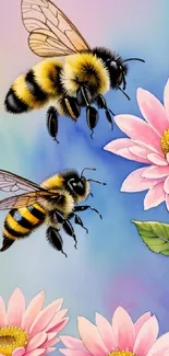 Watercolor bees and pink flowers on a vibrant background.