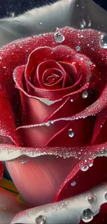 Close-up of a red rose with dew drops on petals.