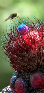 Macro shot of a vibrant plant with a fly.