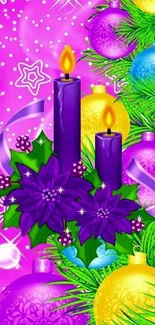 Vibrant holiday candles with colorful ornaments in purple hues.