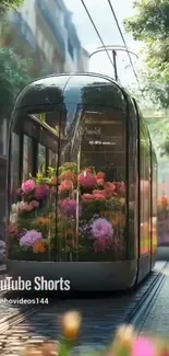 Beautiful tram filled with flowers in an urban setting.