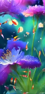 Colorful fish swimming among vibrant flowers in an artistic wallpaper.