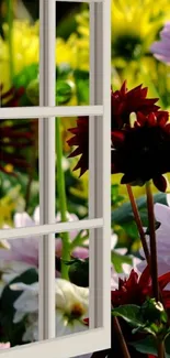 Vibrant flowers visible through a glass window with a garden view.