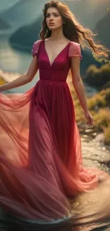 Woman in pink gown standing in serene nature landscape.