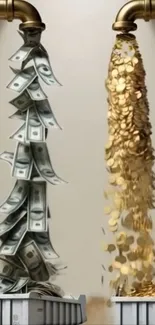 Flow of money and gold coins from faucets wallpaper.