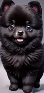 Adorable fluffy black Pomeranian puppy with cute expression.