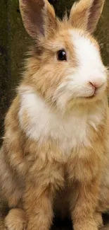 Fluffy brown and white bunny sitting outdoors.