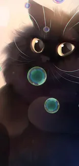 Whimsical illustration of a furry black cat with glowing eyes.