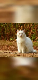 Fluffy white cat sitting in an autumn field, perfect for a mobile wallpaper.