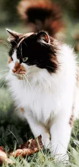 Calico cat walking on grass during autumn.