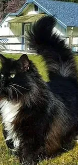 Fluffy black and white cat in sunny yard with house backdrop.