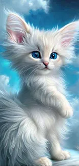 Fluffy white cat with blue eyes against a serene sky background.