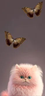 Fluffy pink cat with two butterflies in a mauve background wallpaper.