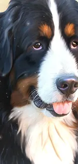 Realistic fluffy Bernese Mountain Dog art wallpaper with a black and white coat.