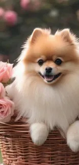 Fluffy Pomeranian dog in a basket with roses.