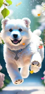 Fluffy white dog running through a floral path