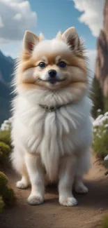 Fluffy dog sitting on a flower-lined path with mountain backdrop.