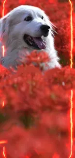 Fluffy dog in a field of red flowers with vibrant lighting.