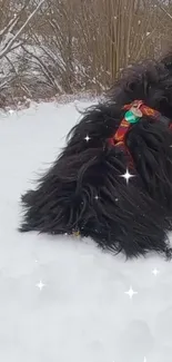 Fluffy dog joyfully playing in the snow with twinkling star effects.