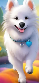 Fluffy white dog in colorful meadow, smiling joyfully.