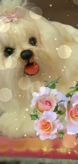 Adorable fluffy dog with pink roses and soft background.