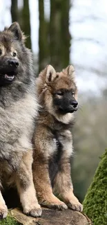 Fluffy dogs sitting in a mossy forest environment.